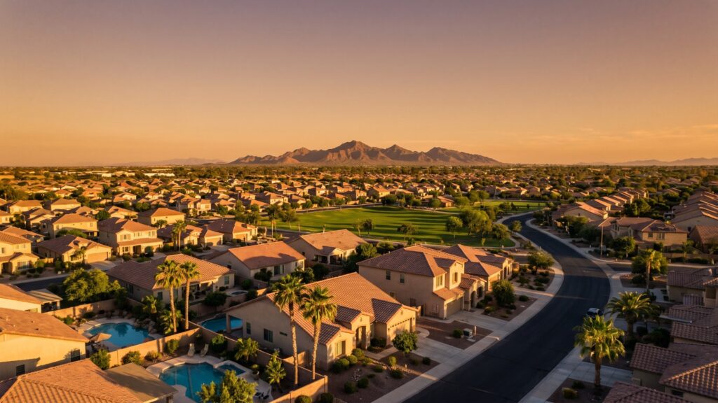 Aerial view of an East Valley Arizona neighborhood at golden hour with the San Tan Mountains in the distance
